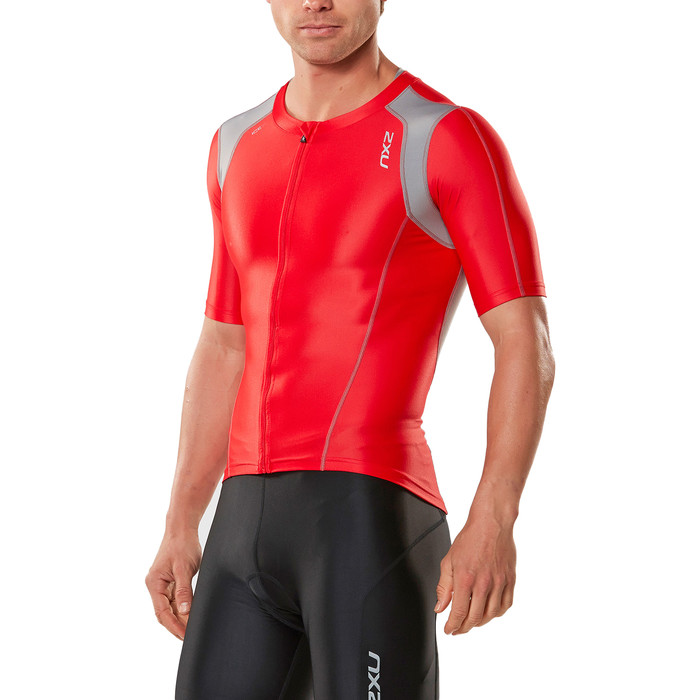 2XU Compression Sleeved Tri Top FLAME SCARLET / FROST GREY MT4439A