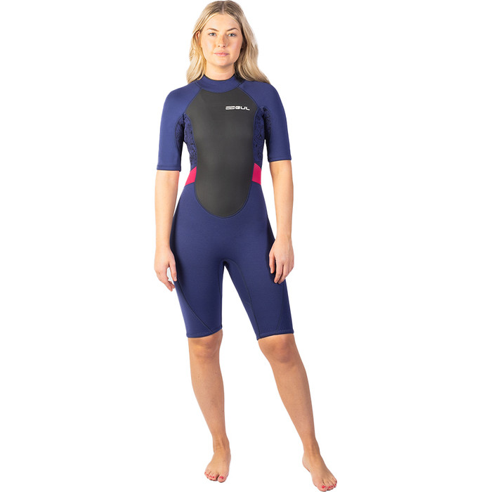 2024 Gul Womens Response 3/2mm Back Zip Shorty Wetsuit RE3318-C1 - Navy / Paisley