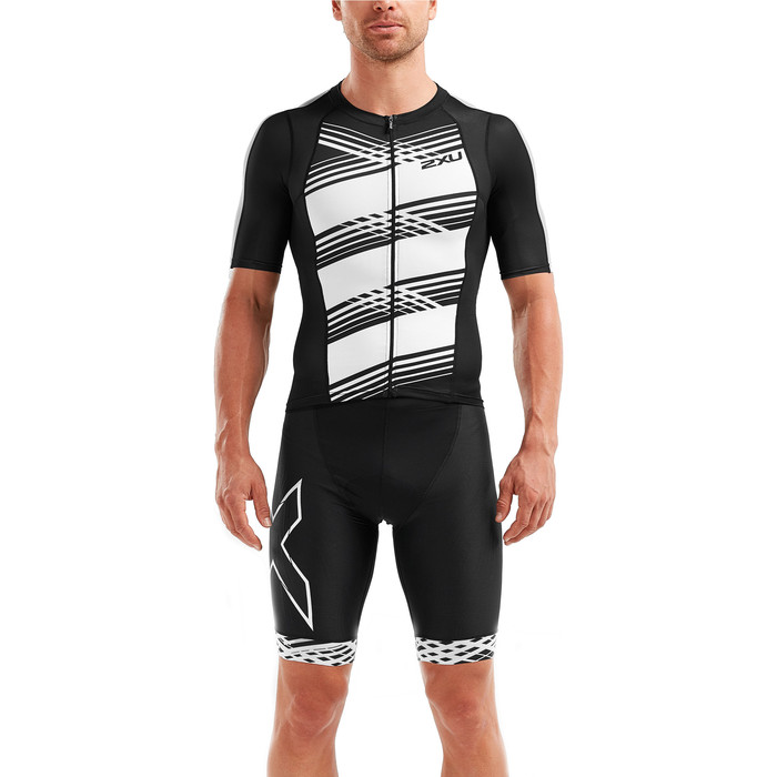 2019 2XU Mens Compression Short Sleeve Top Black / White Lines MT5518a