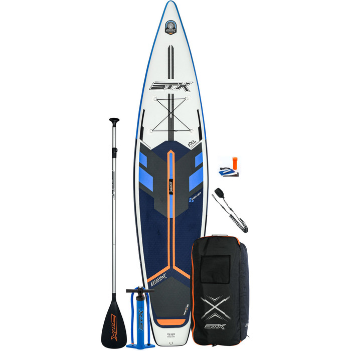 2021 STX Race 14'0 Inflatable Stand Up Paddle Board Package - Board, Bag, Paddle, Pump & Leash - Blue / Orange