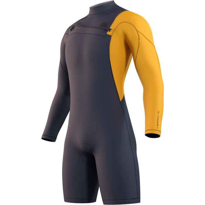 2022 Mystic Mens Marshall 3/2mm Front Zip Long Sleeve Shorty Wetsuit 35000220082 - Blue / Mustard