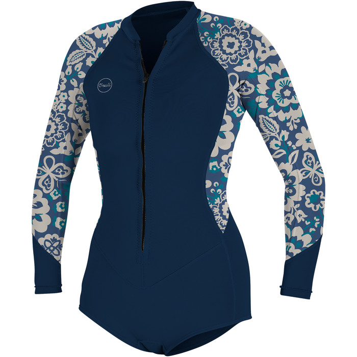 2024 O'Neill Womens Bahia 2/1mm Long Sleeve Front Zip Shorty Wetsuit 5363 - French Navy / Crisflor