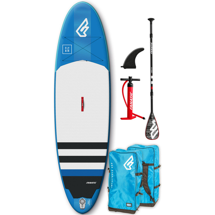 2019 Fanatic Fly Air 10'4 Inflatable SUP Package 1131 - Board, Carbon 25 Paddle, Bag Pump & Leash - Blue