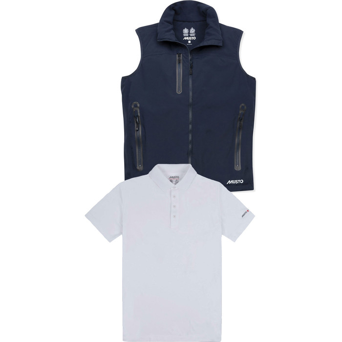 Musto Mens Corsica BR1 Fleece Lined Gilet & Sunshield Wicking UPF30 Polo Package - True Navy / White