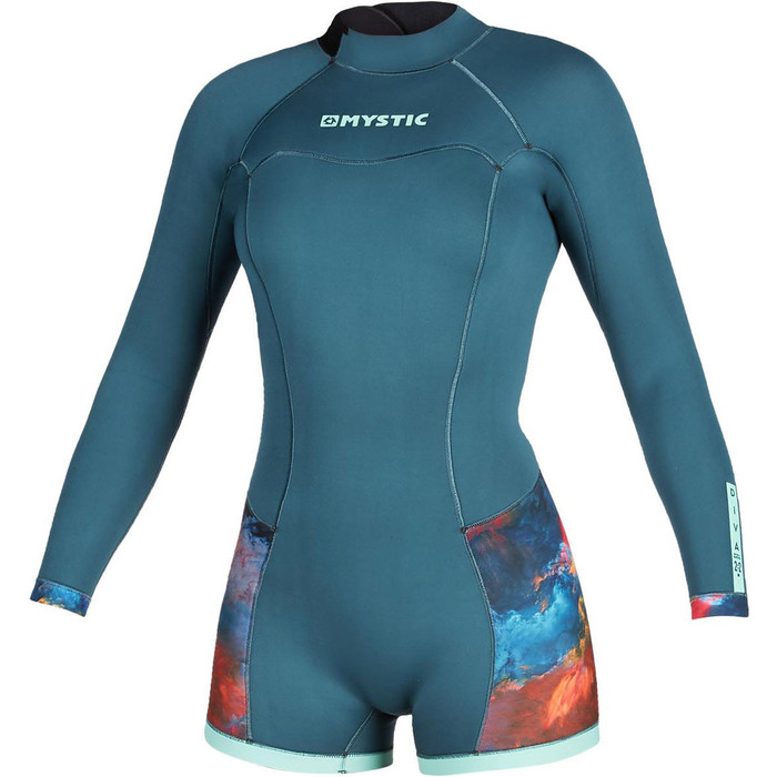 2020 Mystic Womens Diva Long Sleeve 2mm Back Zip Shorty Wetsuit 200072 - Teal