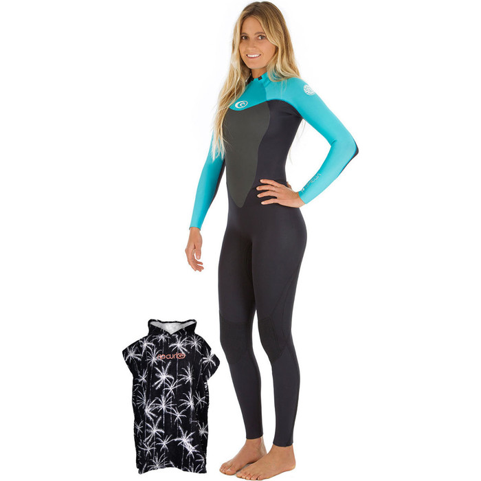 Rip Curl Womens Omega Wetsuit 5/3mm Back Zip Turquoise + Island Love Change Towel Poncho Offer