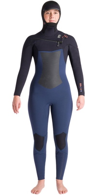 2025 C-Skins Womens NuWave ReWired 6/5mm Chest Zip Hooded Wetsuit C-NRW65WH - Bluestone / Black x / Coral