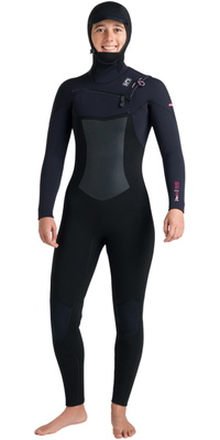 2026 C-Skins Womens Nuwave Rewired 6/5mm Hooded Chest Zip Wetsuit CRW65WH - Black / Black / Rose