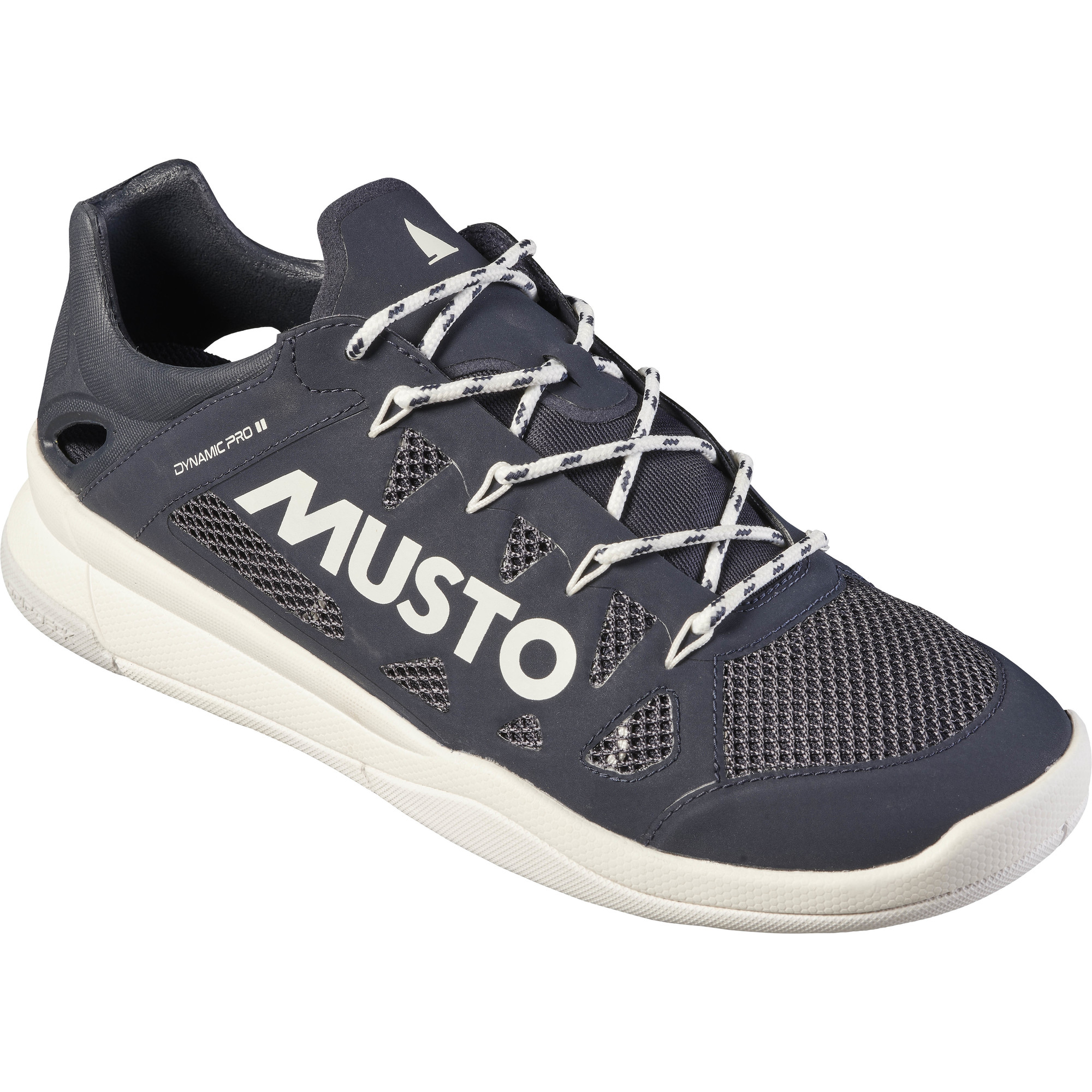 Navy and white Musto sailing shoe with mesh panels, lace loops and a grippy pale sole