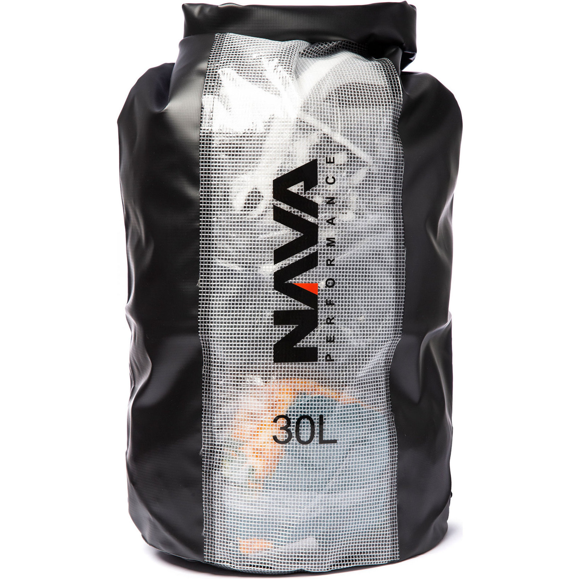Black and silver 30L Nava Performance roll-top dry bag with backpack straps