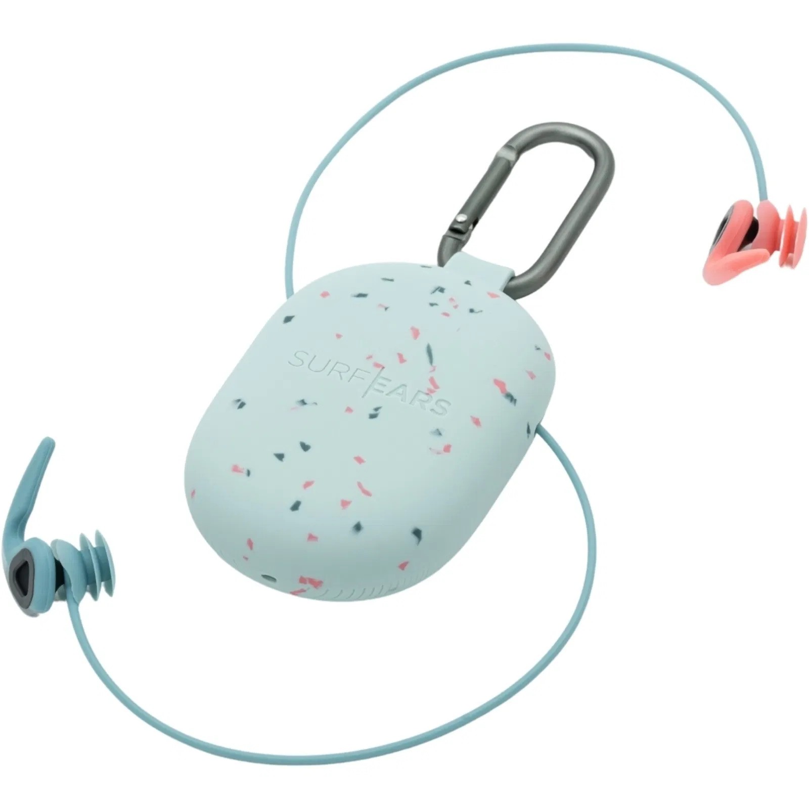 SurfEars earplugs with coral tips, leash and carabiner beside a speckled pale blue case