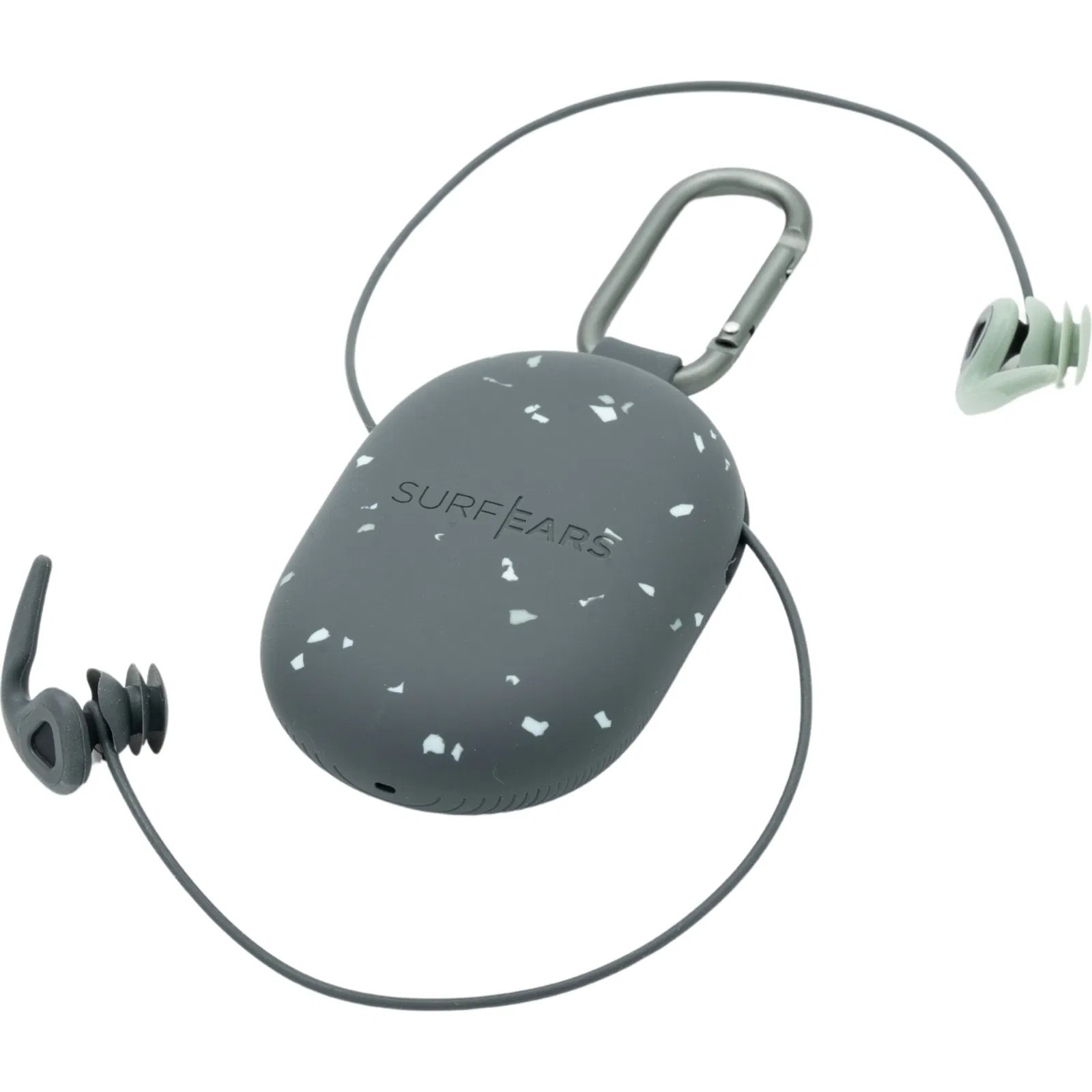 SurfEars earplugs in sage and grey with leash and carabiner next to a speckled grey-green case