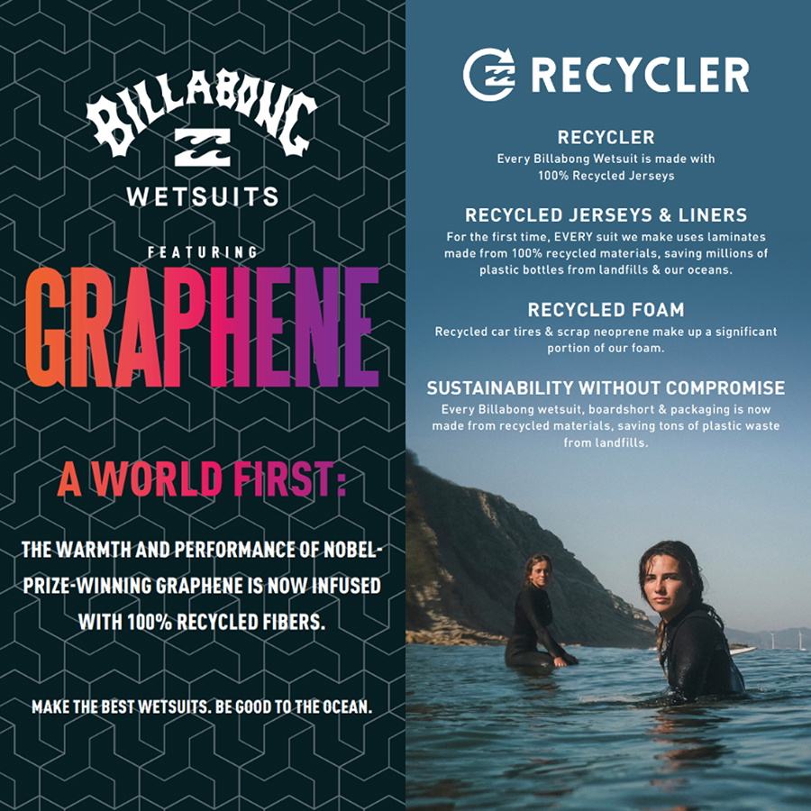Billabong Wetsuits promotional graphic explaining its Graphene lining and Recycler recycled materials
