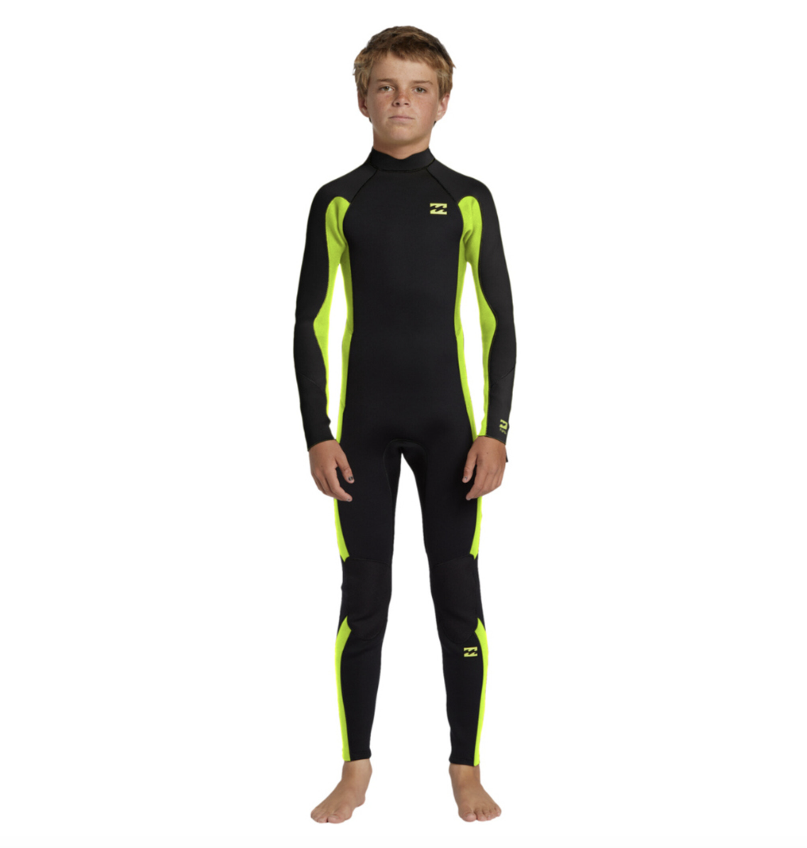 Studio shot of a boy wearing a black full-length wetsuit with lime green side panels