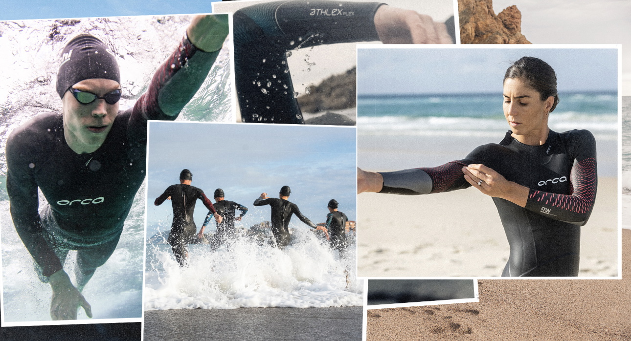 Collage of open-water swimmers in black Orca wetsuits swimming, running into the surf and adjusting a sleeve