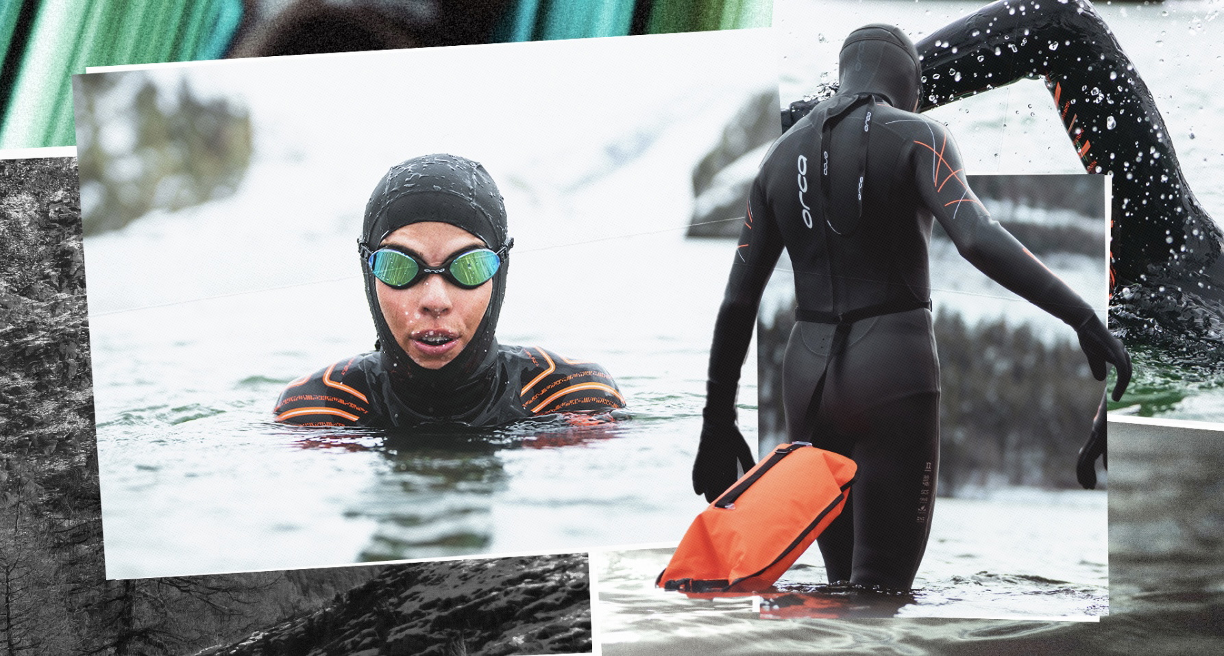 Photo collage of a swimmer in neoprene cap and goggles and another wading in towing an orange tow float