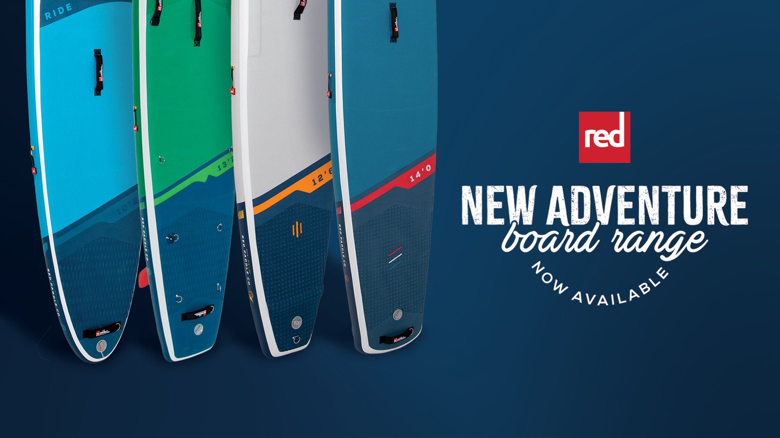 Red Paddle Co promotional banner for the New Adventure board range showing four inflatable paddleboards