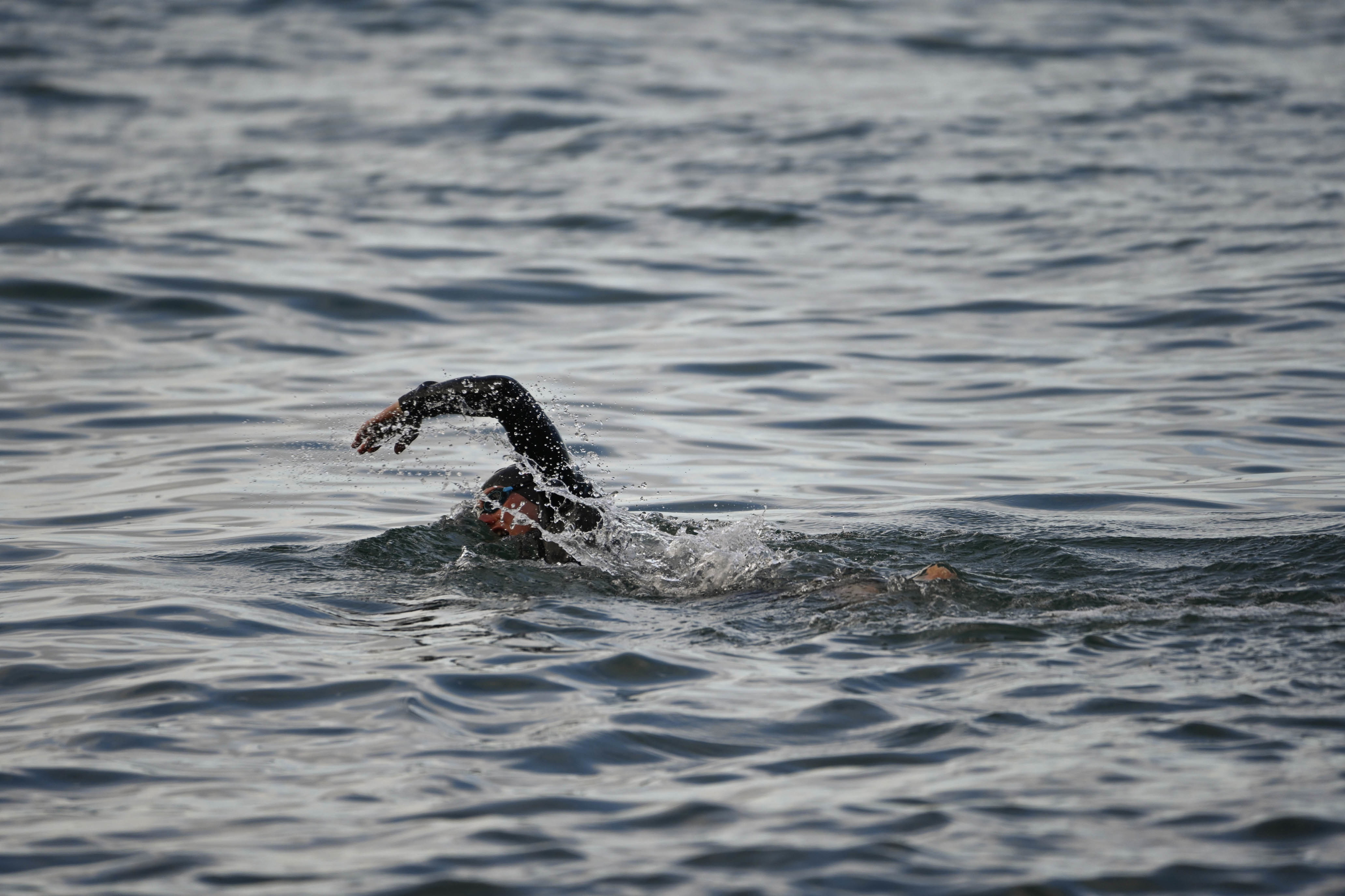 Open-water swimmer in a black wetsuit and cap front crawling through choppy grey sea