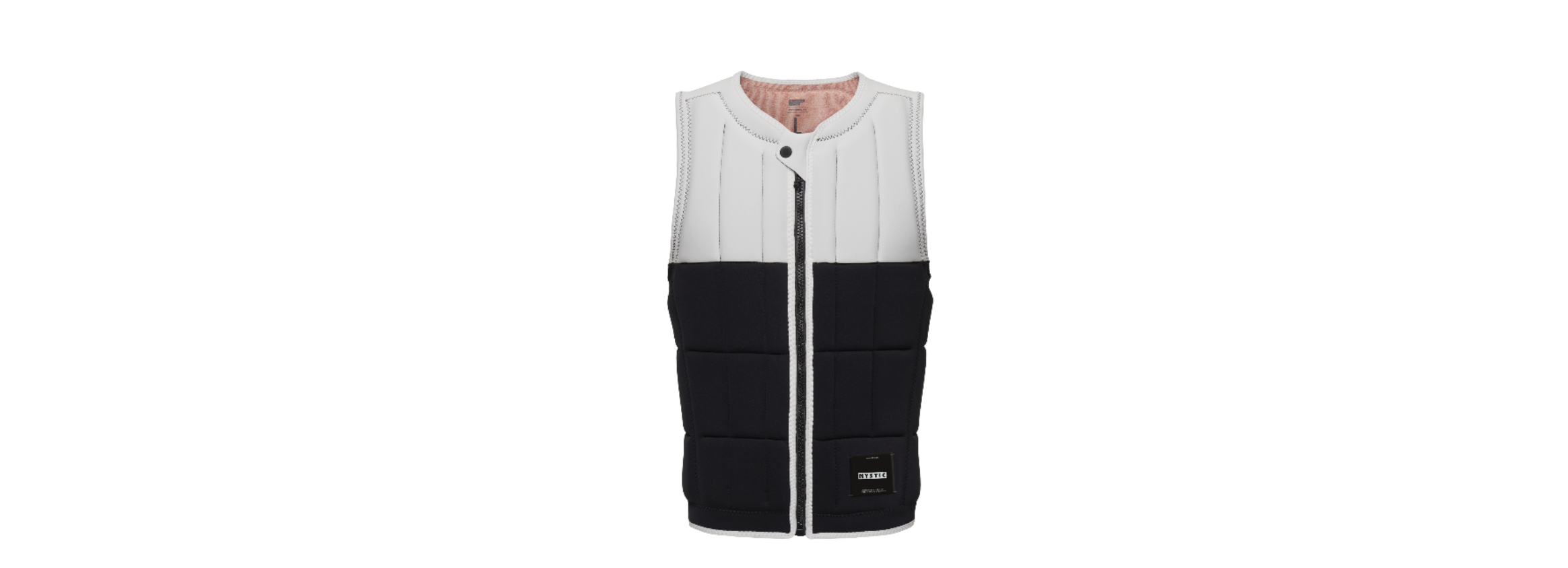 Cutout of a front-zip impact vest with a white upper body and black lower panel