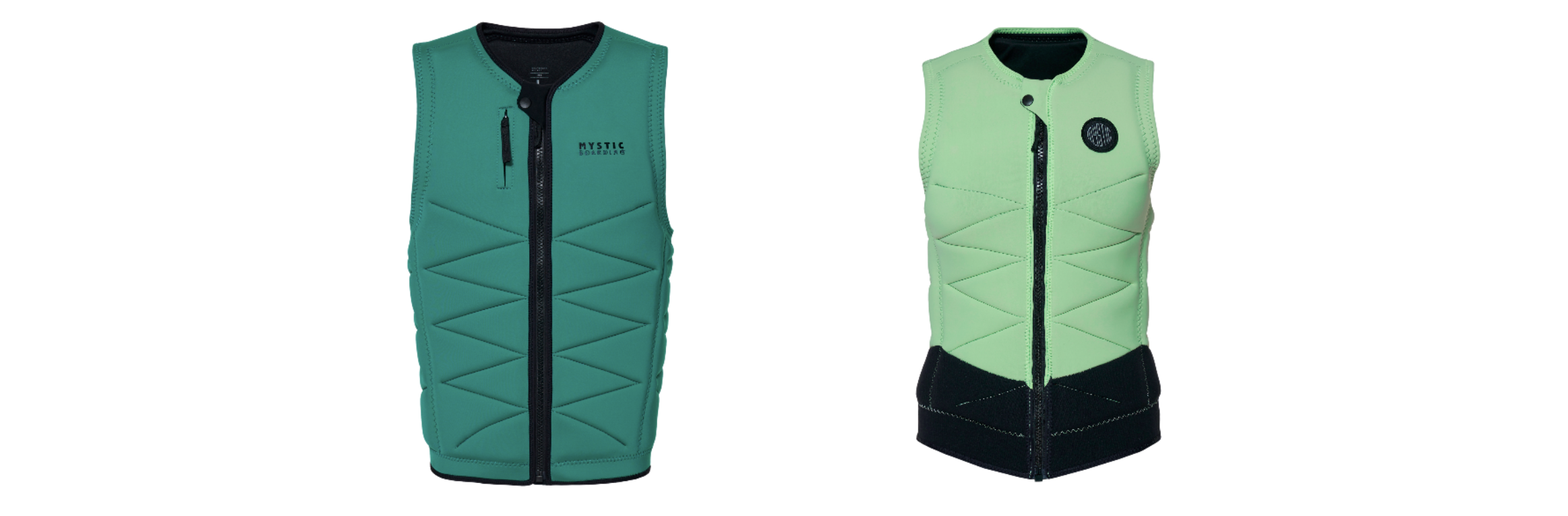 Two front-zip impact vests side by side, one teal green and one lime with a black hem