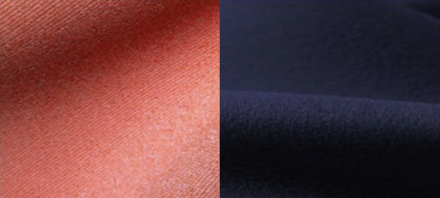 Split close-up comparing two fabric textures, one warm orange and one deep navy