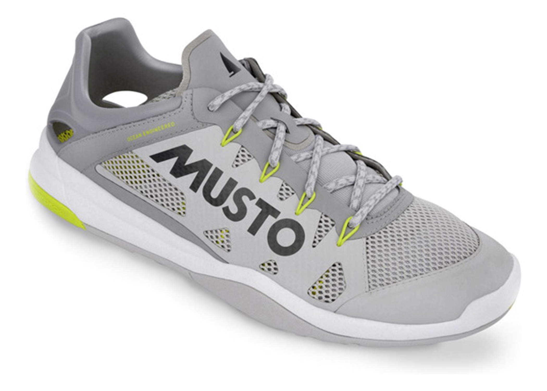 Grey and lime Musto sailing trainer with mesh upper and non-marking sole