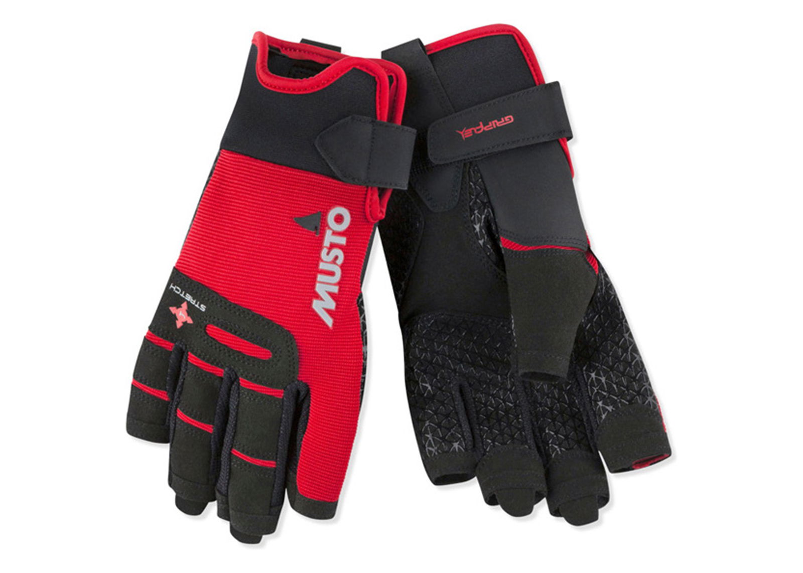 Pair of red and black Musto short-finger sailing gloves with wrist straps