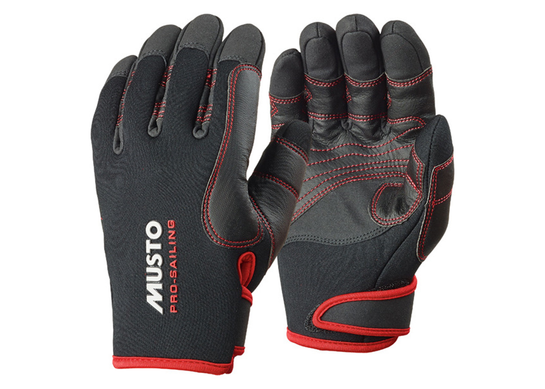 Pair of black and red Musto full-finger sailing gloves shown palm and back