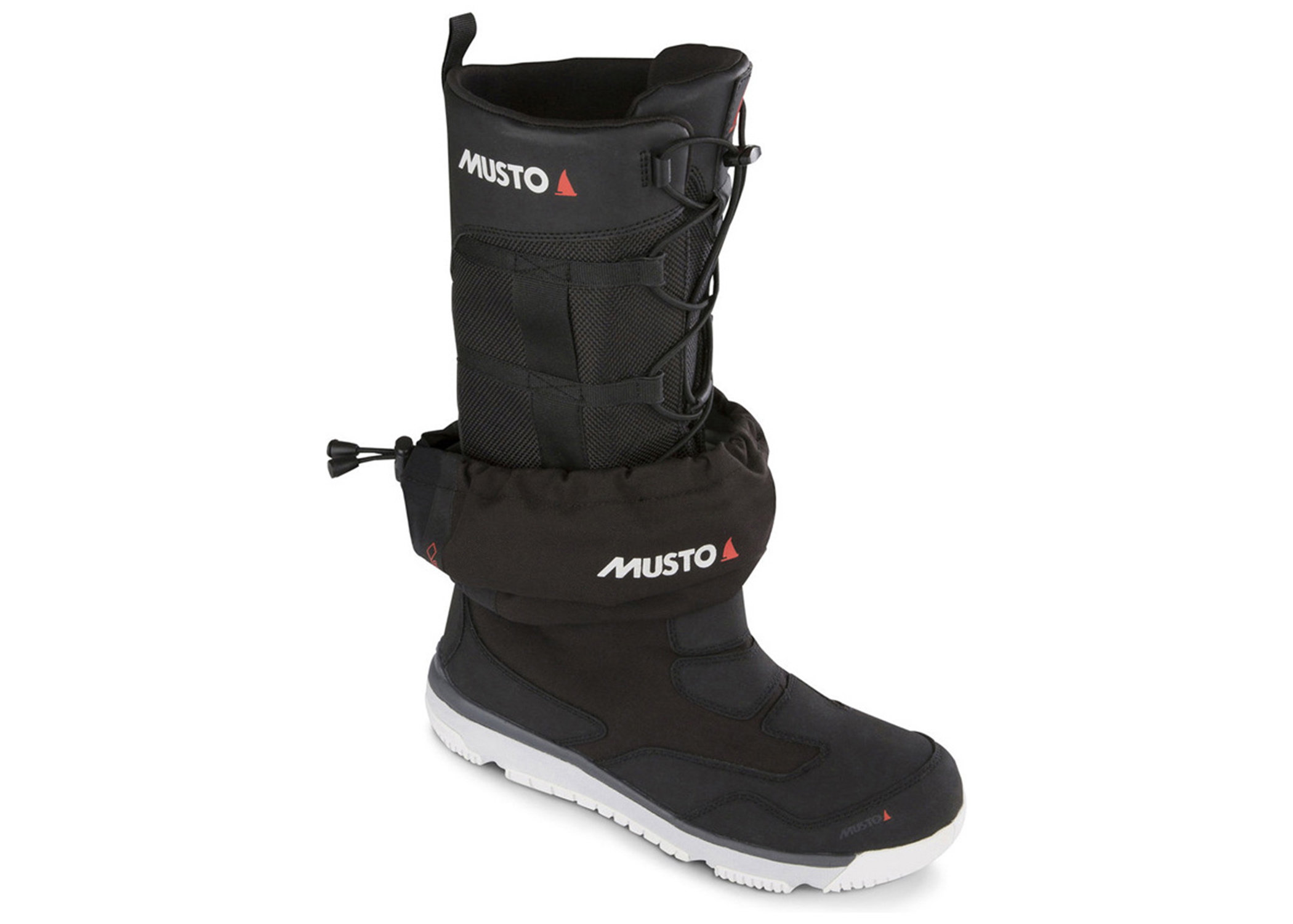 Tall black Musto offshore sailing boot with drawcord top and grippy white sole