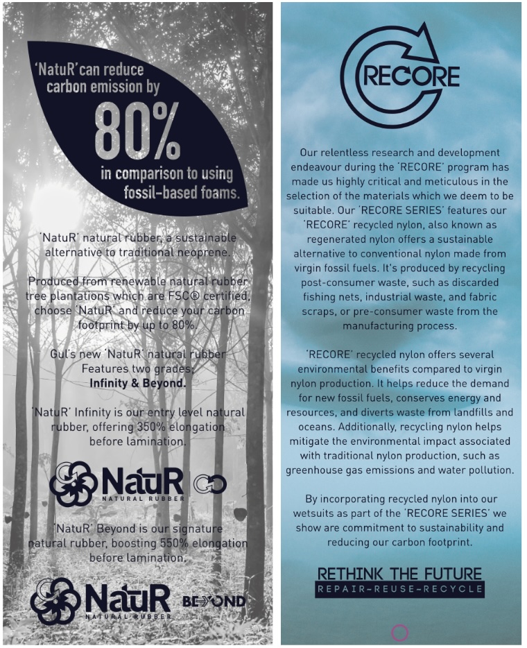 Two information panels explaining NatuR natural rubber and RECORE recycled nylon sustainability claims