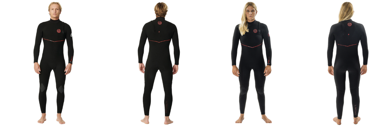 Male and female models shown front and back in matching black full wetsuits on a white background