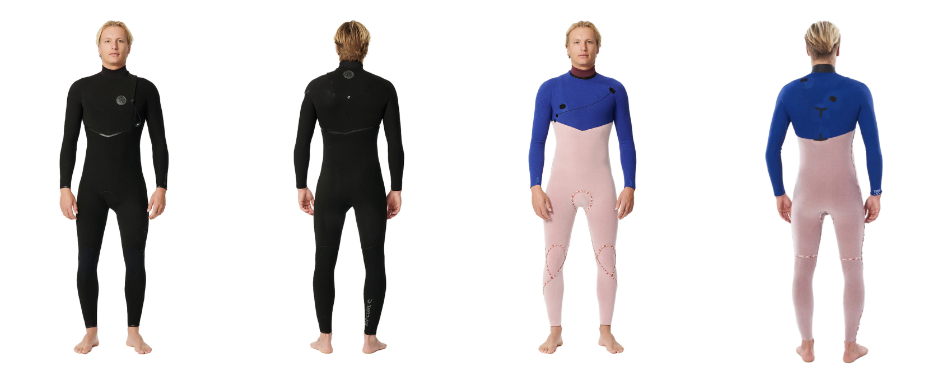 Studio views of a black full wetsuit and a blue and pink wetsuit, each shown front and back