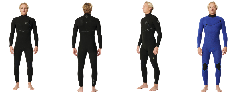 Models in a black full wetsuit shown front and back beside the same suit in bright blue