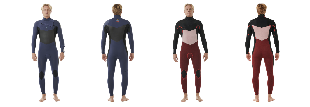 Studio line-up of full wetsuits in navy and in black with contrast chest panels, front and back