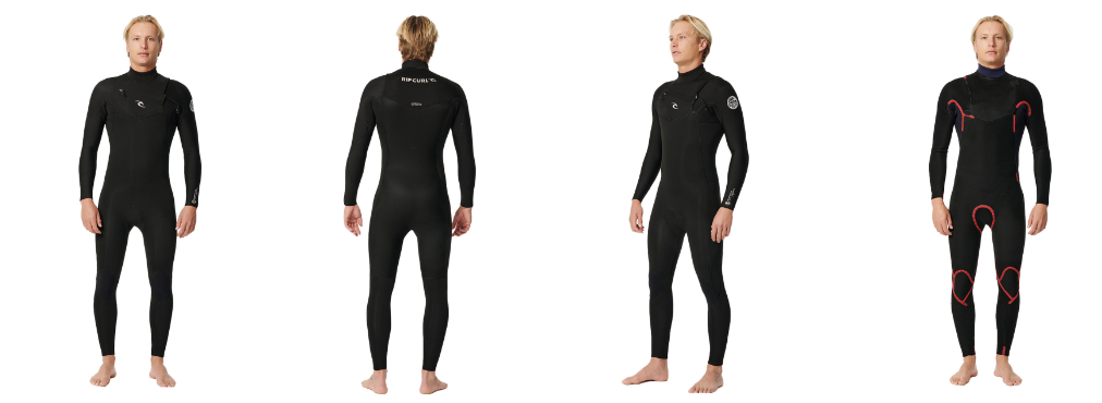 Four models in dark full wetsuits photographed from the front and back on a white background