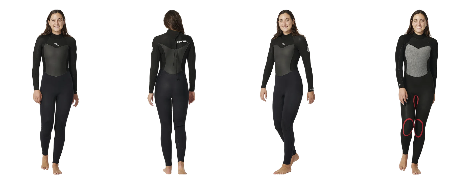 Woman modelling a black full wetsuit from four angles on a white studio background