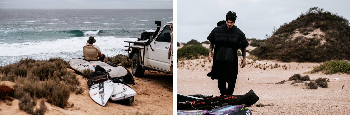 Two coastal shots: boards beside a pickup at a beach track, and a surfer in black walking over the sand