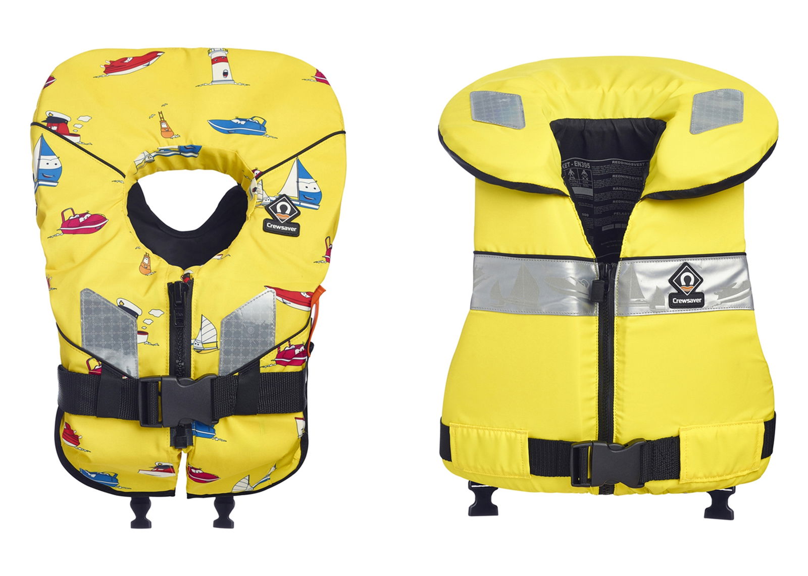 Front and back of a yellow child's life jacket with printed boat pattern, support collar and reflective strip