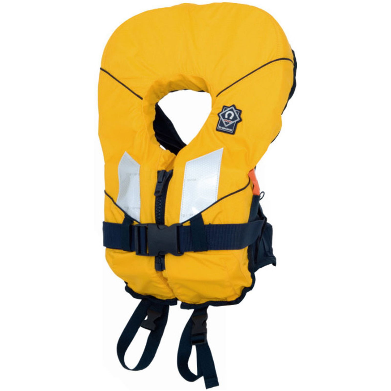 Yellow child's life jacket with navy straps, buoyant head collar and crotch straps on a white background
