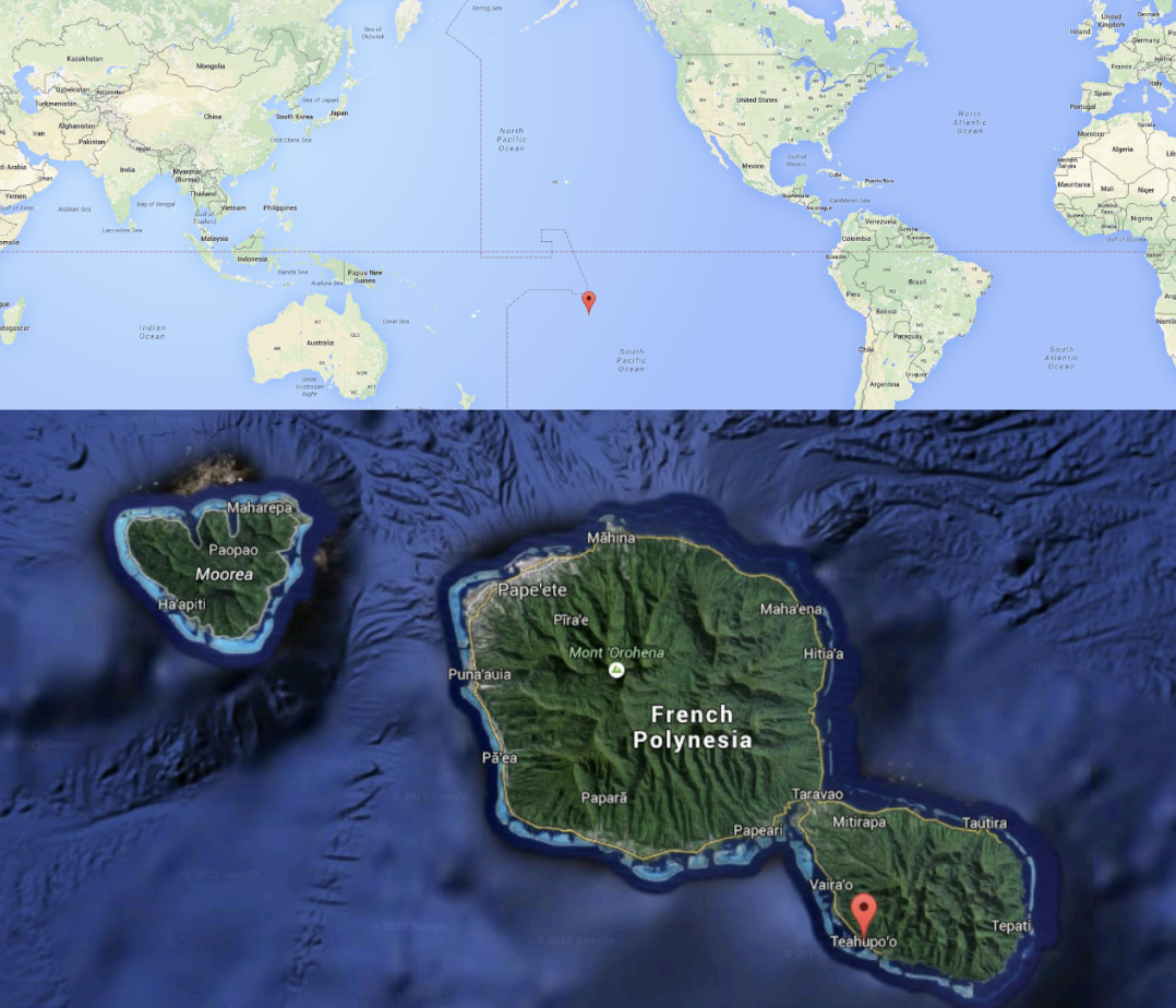 Two map screenshots pinpointing a Pacific location, zoomed in to the islands of French Polynesia