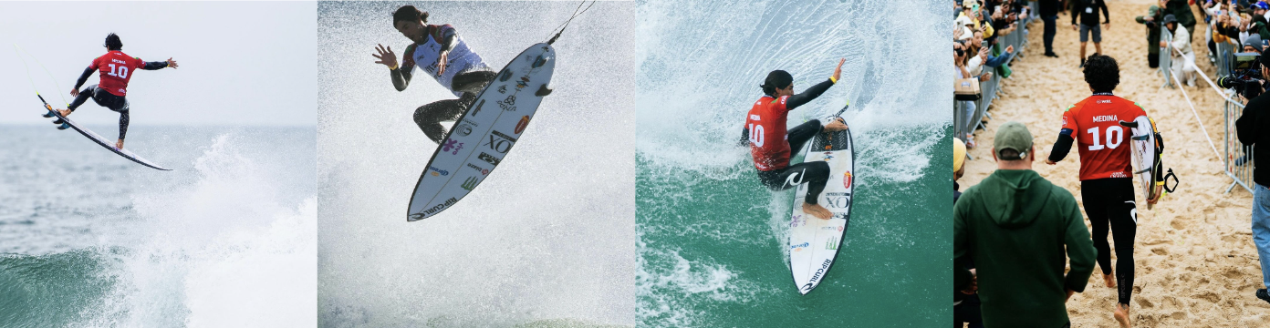 Four-photo strip of competitors in red jerseys surfing turns and airs, and walking up the beach