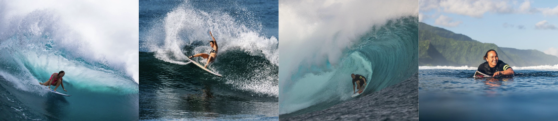 Four-photo strip of surfers in barrels, carving a turn and paddling out through the swell