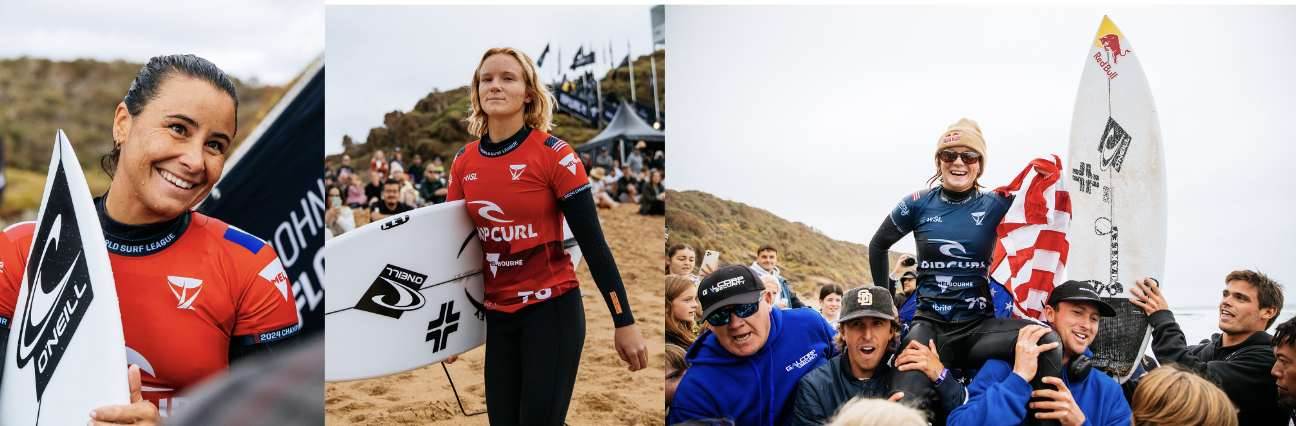 Collage of competition surfers: a smiling woman with a flag, a rider in a red jersey and a group with boards