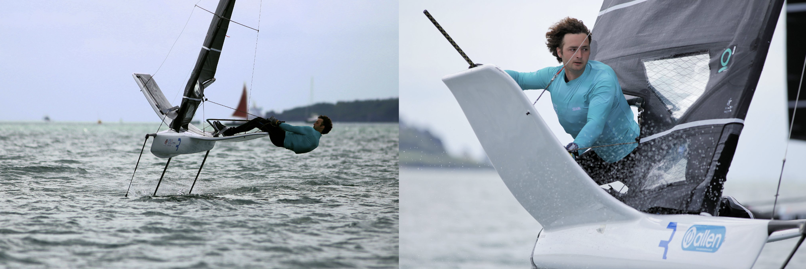 Two race shots of foiling Moth dinghies, one sailor hiking flat out, another in a teal top