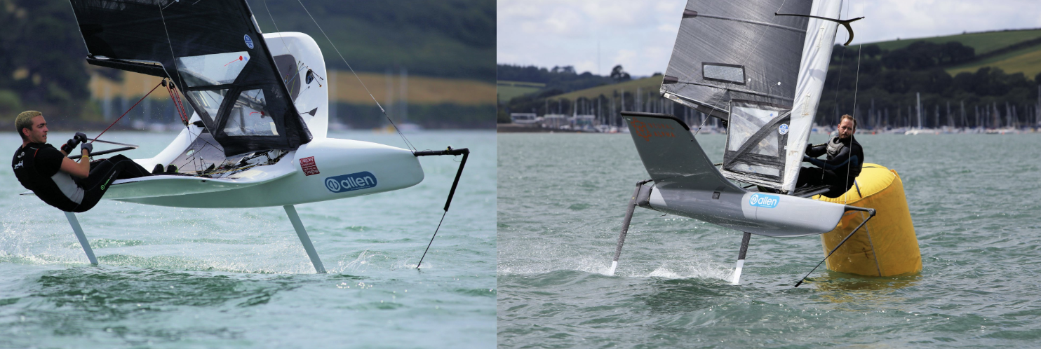 Two shots of Moth dinghies flying on their foils, one rounding a yellow inflatable racing mark
