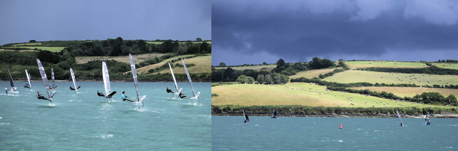 Two shots of a Moth fleet on turquoise water, one under a heavy dark storm sky