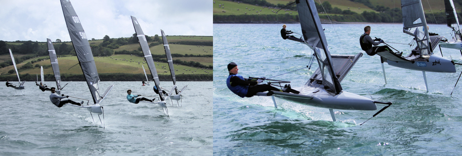 Foiling Moth dinghies racing in close company along a green coastline, sailors out on the wings