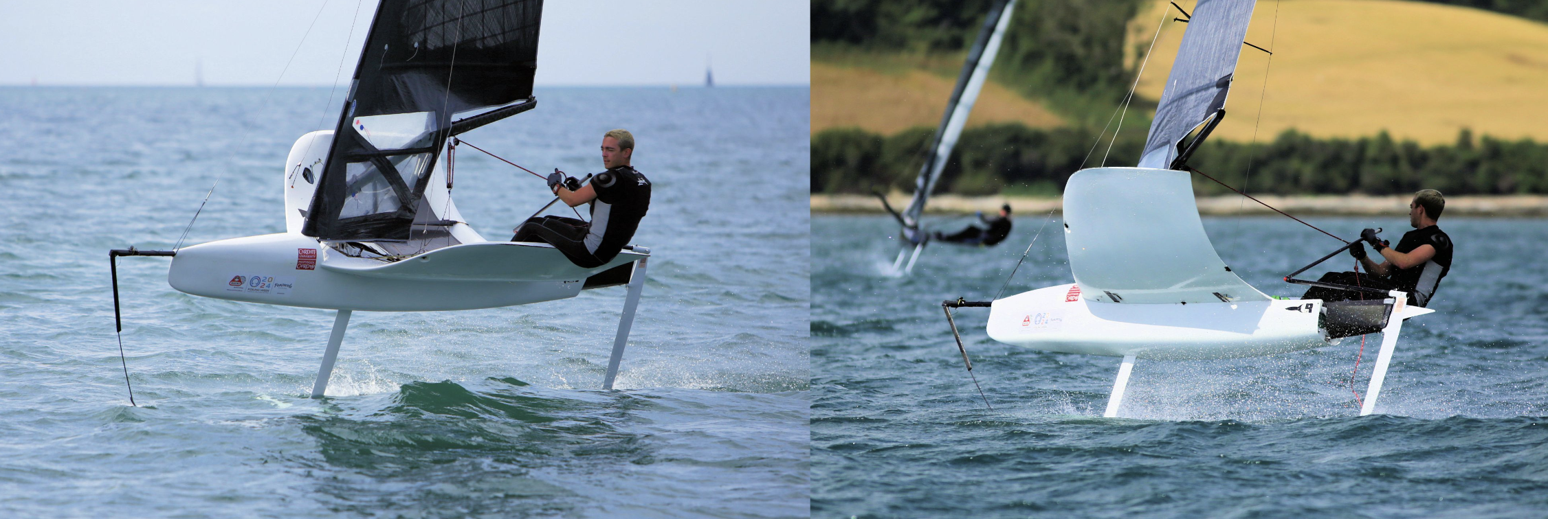 Moth dinghies lifted clear of the water on their foils, sailors sat out on the wing bars