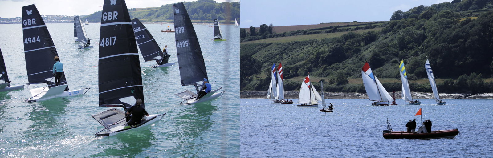 Moths with GBR sail numbers foiling off the start line, plus a wider view of the fleet and RIB