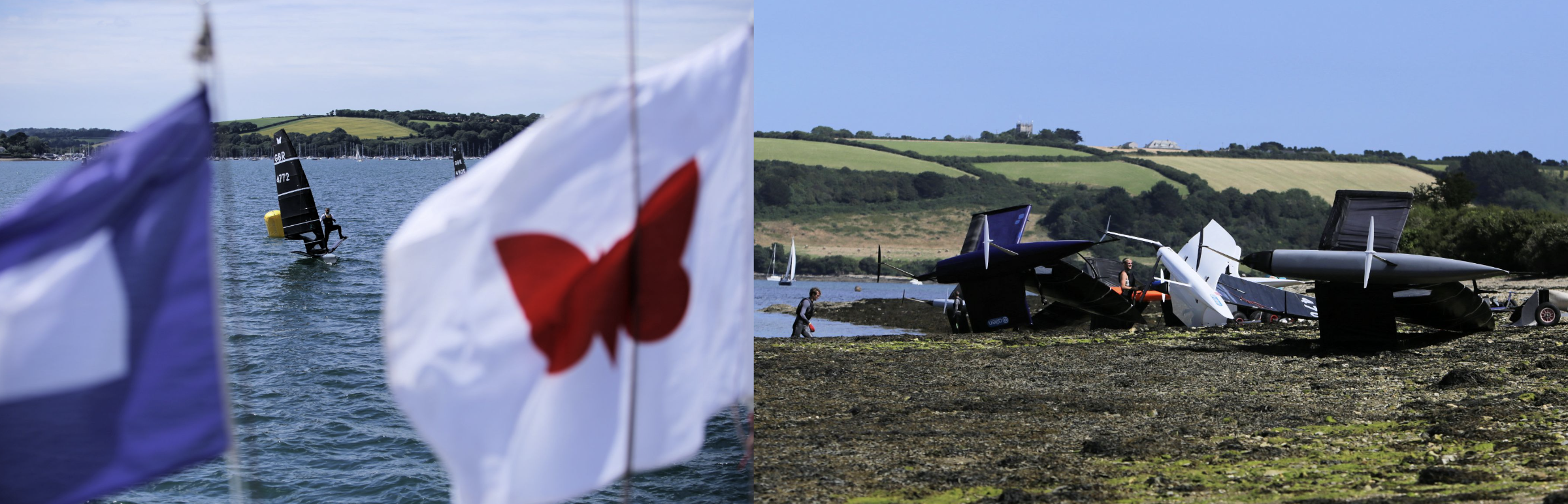 Class flags including the red Moth butterfly emblem, and boats parked up on a seaweedy shore